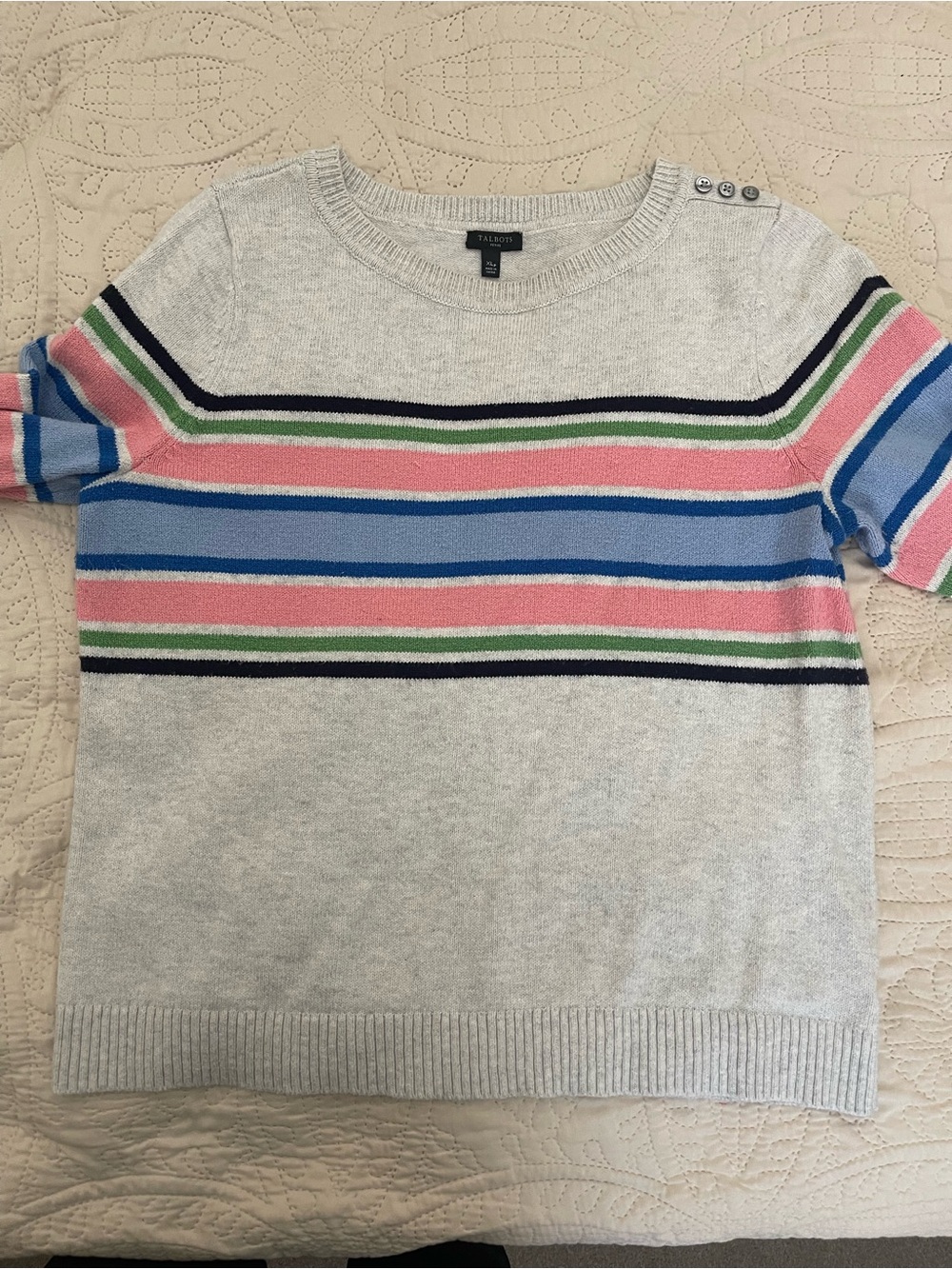 Talbots Crewneck Sweater in Light Gray with Pink & Blue Stripes